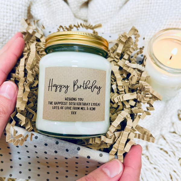 Happy Birthday personalised message scented soy candle