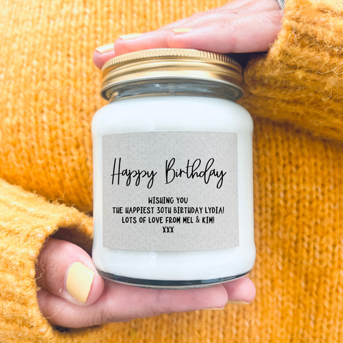 Happy Birthday personalised message scented soy candle
