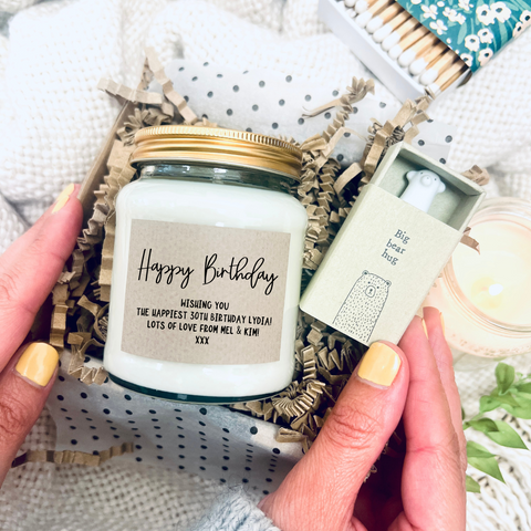 Happy Birthday with personalised message candle & keepsake gift set
