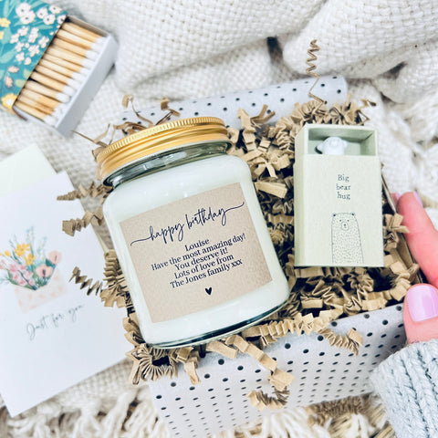 Happy Birthday with personalised message candle & keepsake gift set