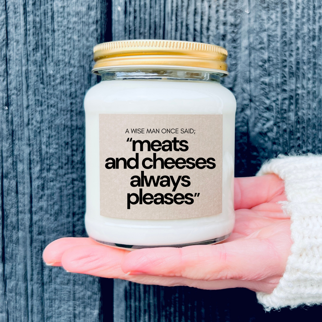 Scented Soy Wax Candle - Funny Bob Mortimer Quote 'Meats and cheese's always pleases'