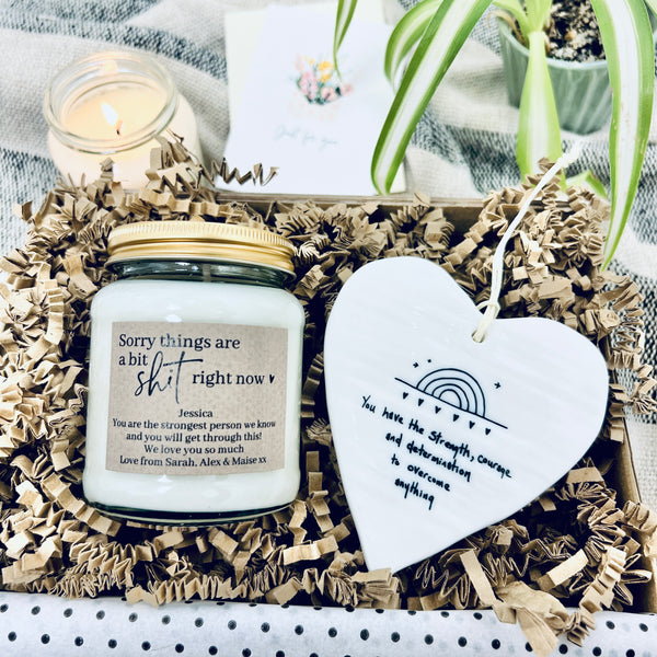 Sorry things are a bit shit right now candle & porcelain 'strength' heart gift set
