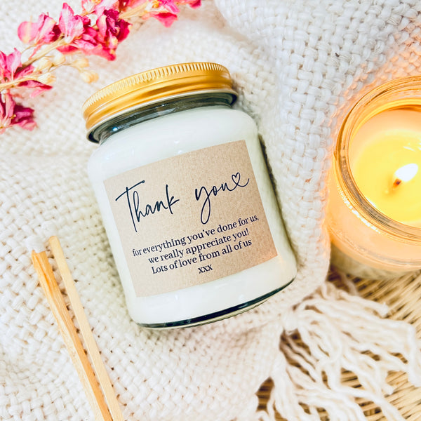 Thank You with your own personalised message scented soy candle