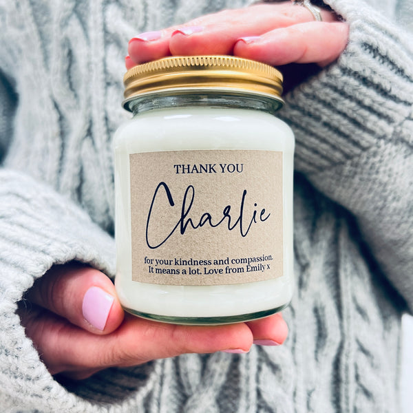 Thank You with personalised name & message scented Soy candle