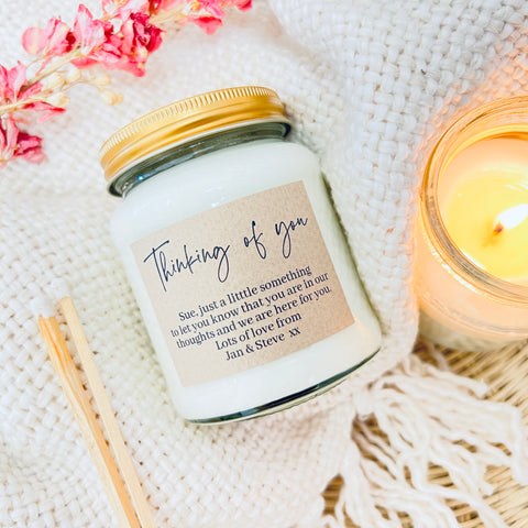 Thinking of you with personalised message scented soy candle