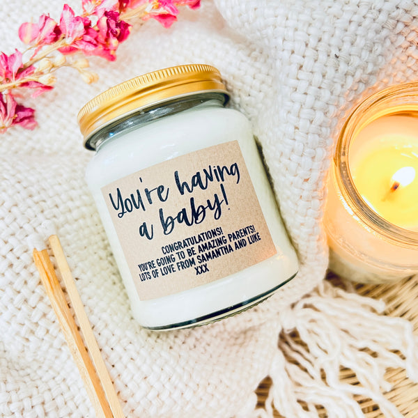 You're having a baby personalised message scented soy candle